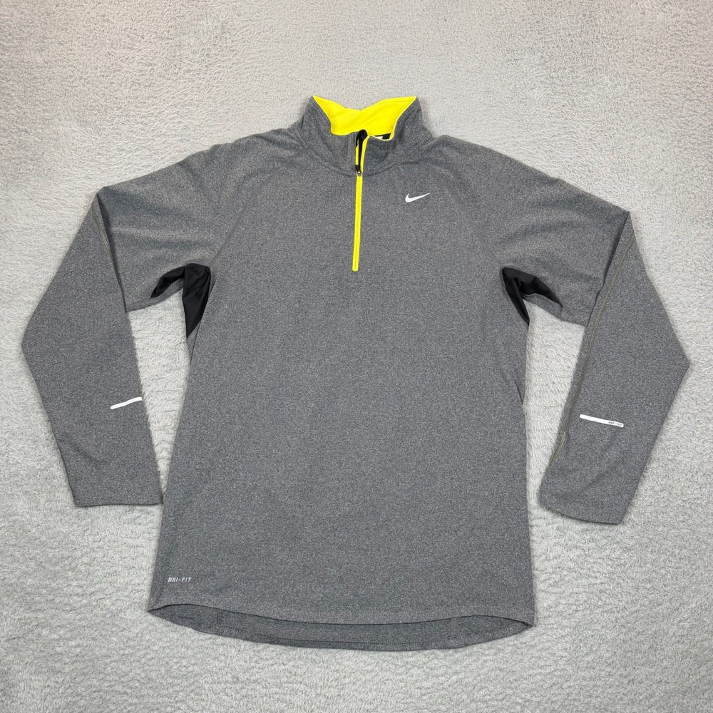 Nike Running Dri-FIT Mens Medium Gray Neon Yellow Quarter Zip Pullover Shirt